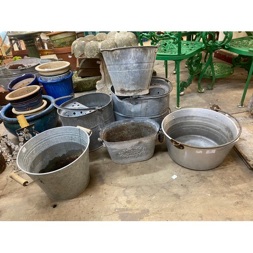 389 - Six assorted galvanised buckets, jam pan, etc.