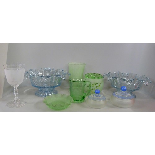 1176 - A collection of glass including Art Deco, two pale blue dishes, a 1935 Jubilee mug in green, etc. **... 