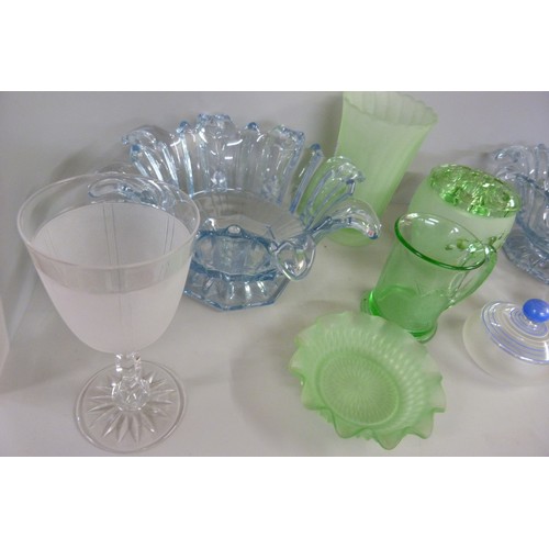 1176 - A collection of glass including Art Deco, two pale blue dishes, a 1935 Jubilee mug in green, etc. **... 