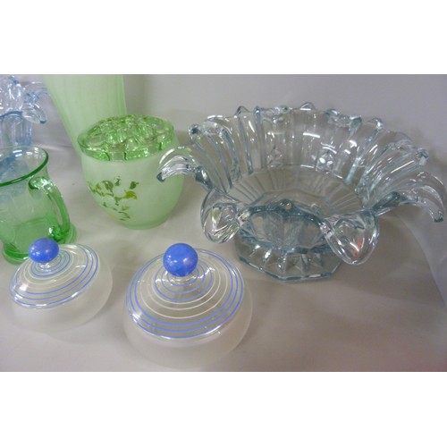 1176 - A collection of glass including Art Deco, two pale blue dishes, a 1935 Jubilee mug in green, etc. **... 