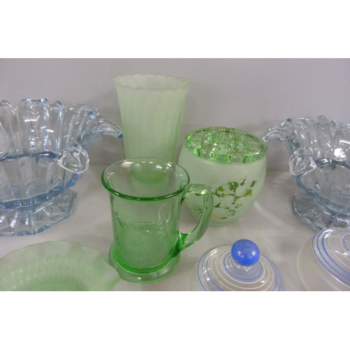 1176 - A collection of glass including Art Deco, two pale blue dishes, a 1935 Jubilee mug in green, etc. **... 