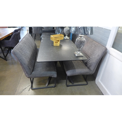 1322 - A Creed black marble effect fixed top small dining table with a pair of Creed grey high back benches... 