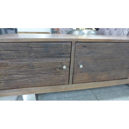 1332 - A railway sleeper two door single shelf TV unit * this lot is subject to VAT