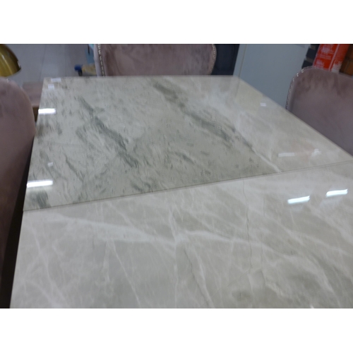 1335 - An Apollo grey marble effect extending dining table with a set of six Marvel bubble gum pink button ... 