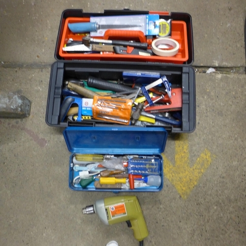 2029 - Plastic tool box and qty. of tools, Black and Decker single speed power drill and a metal tool box c... 