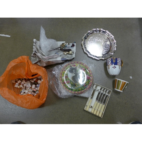 1206 - Assorted items; Hat pins, thimbles, collectors plates, china etc. **PLEASE NOTE THIS LOT IS NOT ELIG... 
