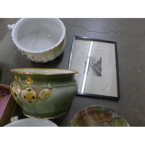 1249 - Chamber pots, a miniature tea set, a barometer and an etching **PLEASE NOTE THIS LOT IS NOT ELIGIBLE... 