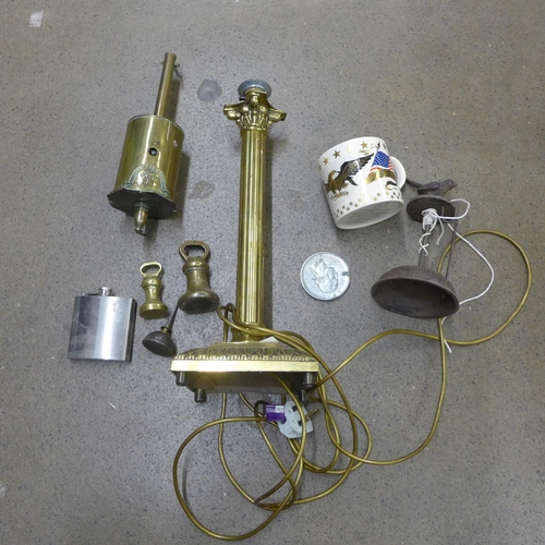 1260 - Assorted items; meat scale, lamp base, graduated weights, string holder, etc. **PLEASE NOTE THIS LOT... 