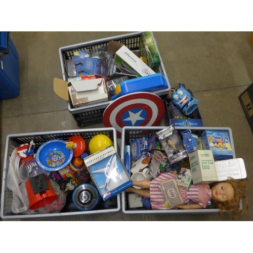 1261 - Three boxes of assorted children's toys, games, jigsaw puzzles, model kits including Airfix and Reve... 
