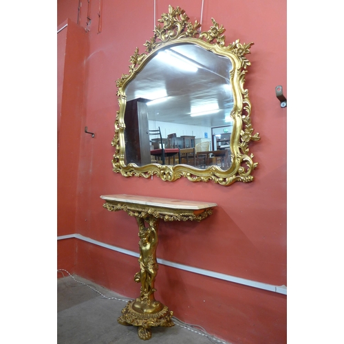 139 - A Rococo style gilt and faux marble console table and mirror