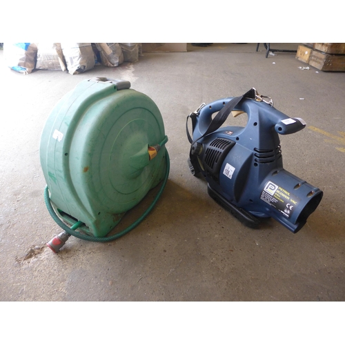 2264 - A Pro-performance Pro z4ccbva 24cc petrol blower vac body and a Hozelock hose reel