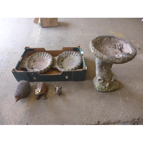 2290 - 2 Ground bird baths, one other bird bath on a stand and an assortment of garden ornaments