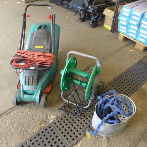 2320 - Bosch Rotak 34 electric lawnmower with hose pipe, hose reel, metal mop bucket and hanging brackets