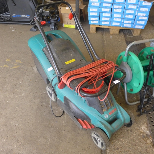 2320 - Bosch Rotak 34 electric lawnmower with hose pipe, hose reel, metal mop bucket and hanging brackets