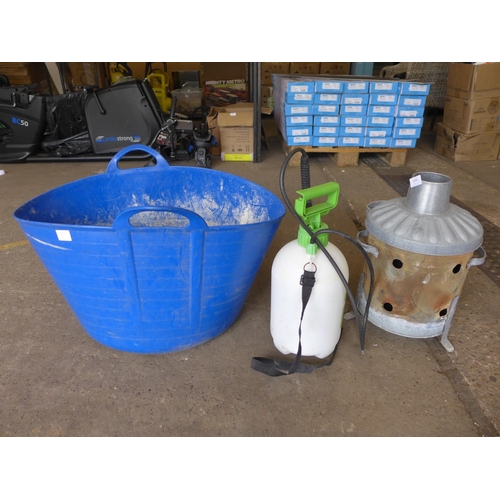 2326 - Builder's blue tub, garden incinerator & garden spray pump