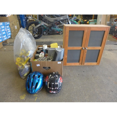 2356 - Two bike helmets, bag of handle bar grips, two door wooden cabinet, Philips speakers and wireless re... 