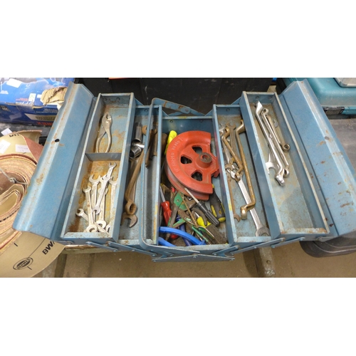 2011 - Box of assorted hand tools including spanners, pliers, screwdrivers etc and a pipe former