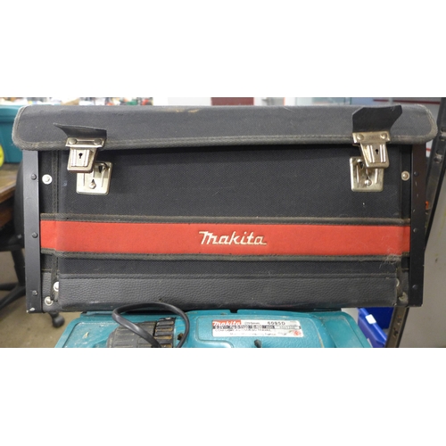 2032 - Makita drill 6095D with charger, Titan belt sander & Makita tool box/bag