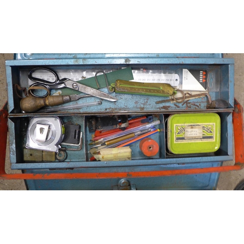 2044 - Two metal tool boxes and a plastic tub of hand tools including spanners screwdrivers, nails, screws ... 