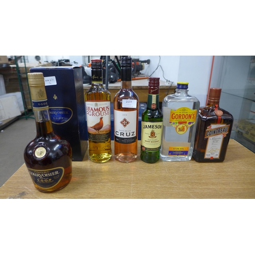 2177 - Mixed alcohol, a boxed bottle of Courvoisier V.S.O.P Cognac, Cointreau, Famous Grouse Whisky, Gordon... 