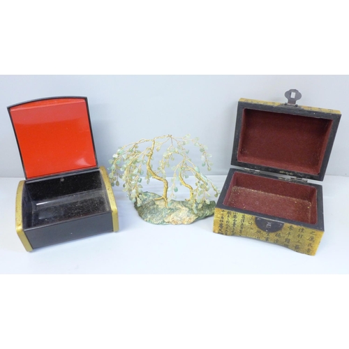 623 - Two cigarette boxes, one 1950s and a jade jewellery tree