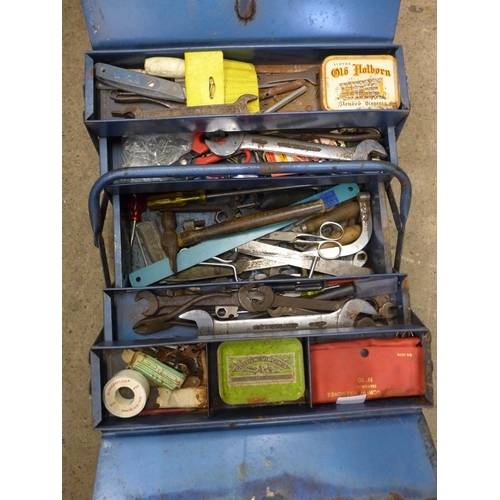 2044 - Two metal tool boxes and a plastic tub of hand tools including spanners screwdrivers, nails, screws ... 