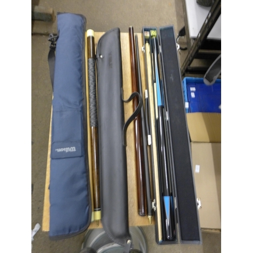 2108 - 3 Assorted pool cues