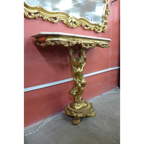 139 - A Rococo style gilt and faux marble console table and mirror