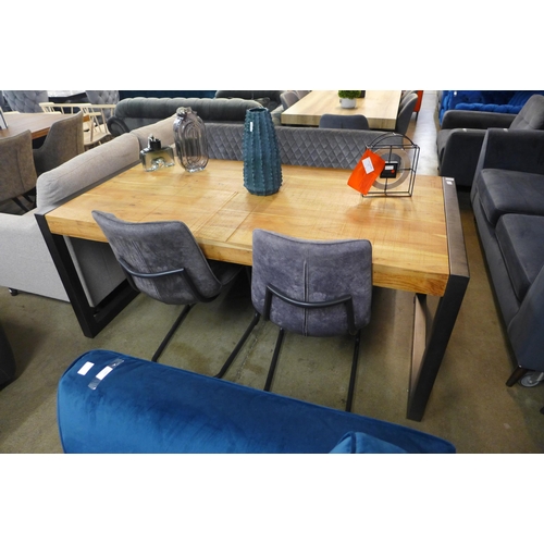 1371 - A Fire 2.0 acacia wood fixed top dining table with a pair of Ralph graphite upholstered diamond stit... 