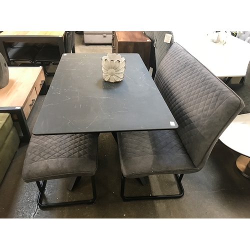 1413 - A Creed dining table and two benches - large bench has a scuffed corner * This lot is subject to VAT