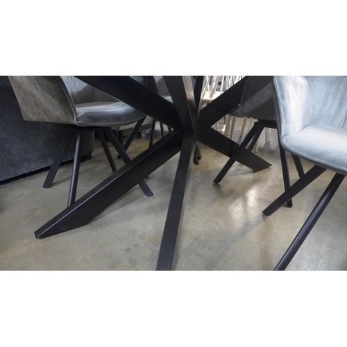 1419 - A hardwood fixed top and black metal leg dining table with a set of four silver velvet and brown fau... 