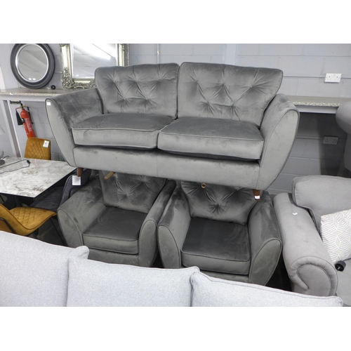 1452 - A Hoxton grey velvet three seater sofa and a pair of armchairs