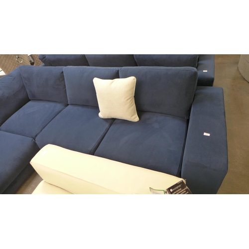 1481 - A large blue velvet six seater loft corner sofa on wooden base