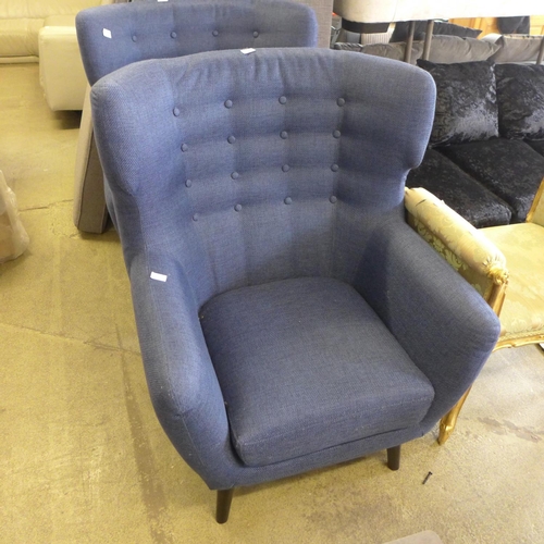 1629 - A blue upholstered button back wing armchair