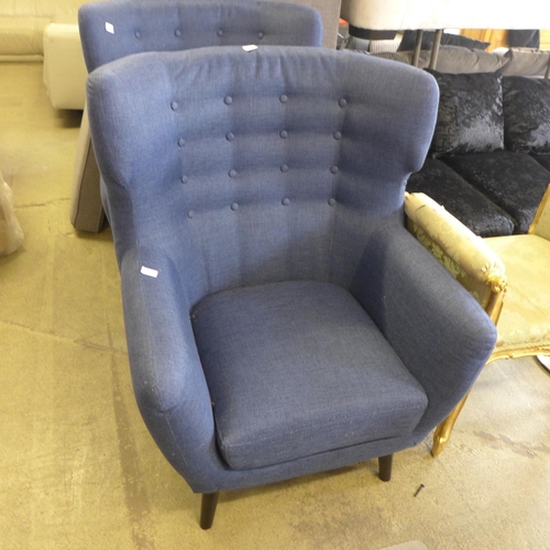 1630 - A blue upholstered button back wing armchair