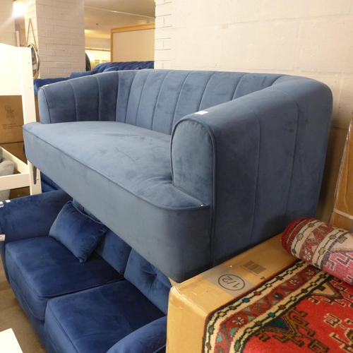 1490 - A shell back, blue 2.5 seater sofa on brushed steel legs