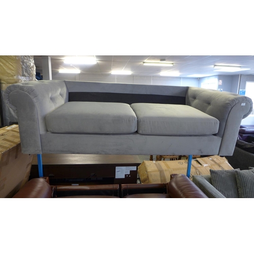 1606 - A grey metallic chesterfield velvet three seater sofa - missing back cushions