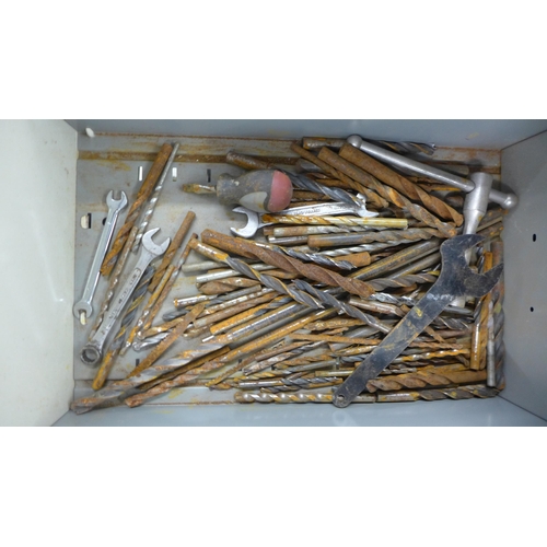 2007 - 3 Metal filing drawers with hand tools including drill bits, spanners and screwdrivers