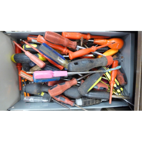 2007 - 3 Metal filing drawers with hand tools including drill bits, spanners and screwdrivers