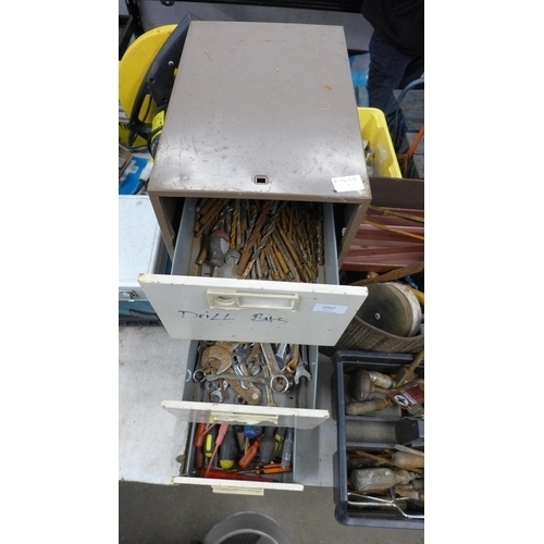 2007 - 3 Metal filing drawers with hand tools including drill bits, spanners and screwdrivers