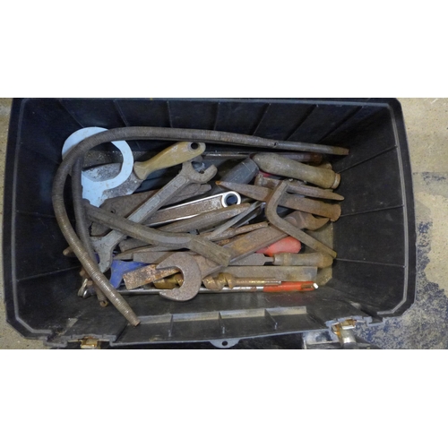 2050 - Two plastic tool chests with contents, chisels, spanners and various tools