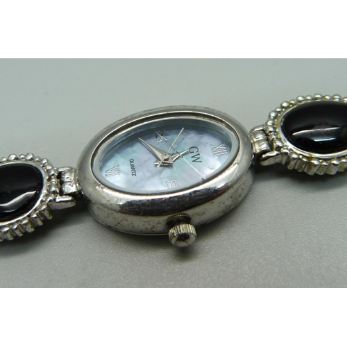 1007 - A lady's silver and onyx wristwatch