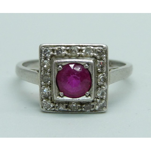 1009 - An Art Deco platinum, diamond and ruby ring, 4.7g, L, ring top 10mm x 10mm, small chip on the ruby