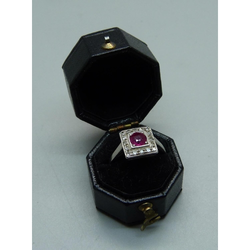 1009 - An Art Deco platinum, diamond and ruby ring, 4.7g, L, ring top 10mm x 10mm, small chip on the ruby