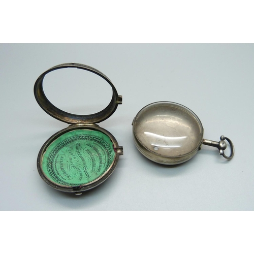 1046 - A silver verge pocket watch case, (both outer and inner case), London 1812, total weight 59g includi... 