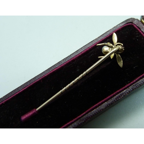 1049 - A sapphire and pearl set insect stick pin, cased, (insect tests as high carat gold, pin tests as 9ct... 