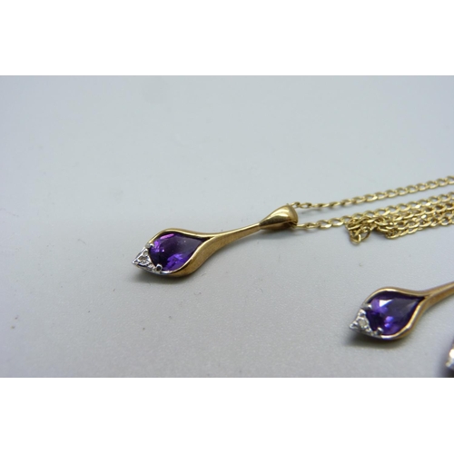 1099 - A 9ct gold and amethyst pendant and matching earrings and a 9ct gold chain, 4.3g