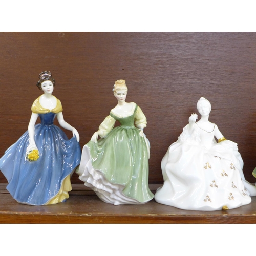 602 - Five Royal Doulton figures; Antoinette, Premiere, Laurianne, a/f, Melanie and Fair Lady