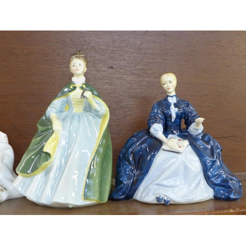 602 - Five Royal Doulton figures; Antoinette, Premiere, Laurianne, a/f, Melanie and Fair Lady