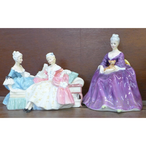 604 - A Royal Doulton figure group, The Love Letter, and three Royal Doulton figures, Charlotte, Lynne and... 